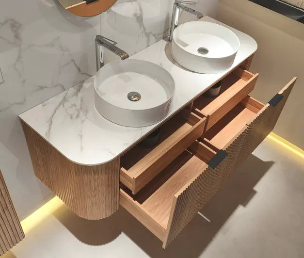 Adair Curved Fluted Wall Hung Vanity - Walnut Wood 1500mm x 450mm (Stone Top & Basins are Included) Bagno D'Oro