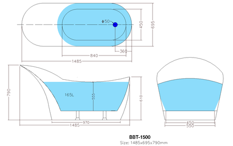 Bevel Free Standing Bathtub 1485*695*790mm Poseidonbk