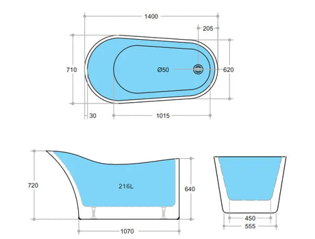 Bevel Free Standing Bathtub 1400*710*720mm Poseidonbk