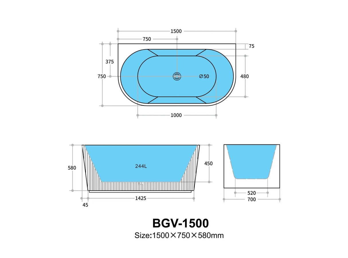 Bari Matt White Groove Fluted Back-to-Wall Bathtub 1500*750*580mm Poseidonbk
