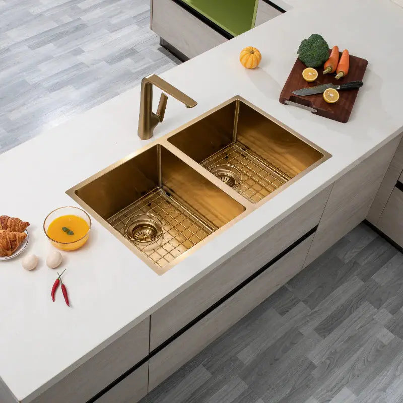 Handmade Stainless Steel Brushed Brass Double Bowl Kitchen Sink 1.2mm (Top/Flush/Undermount) 820*457*230mm Aquaperla