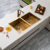 Handmade Stainless Steel Brushed Brass Double Bowl Kitchen Sink 1.2mm (Top/Flush/Undermount) 820*457*230mm Aquaperla