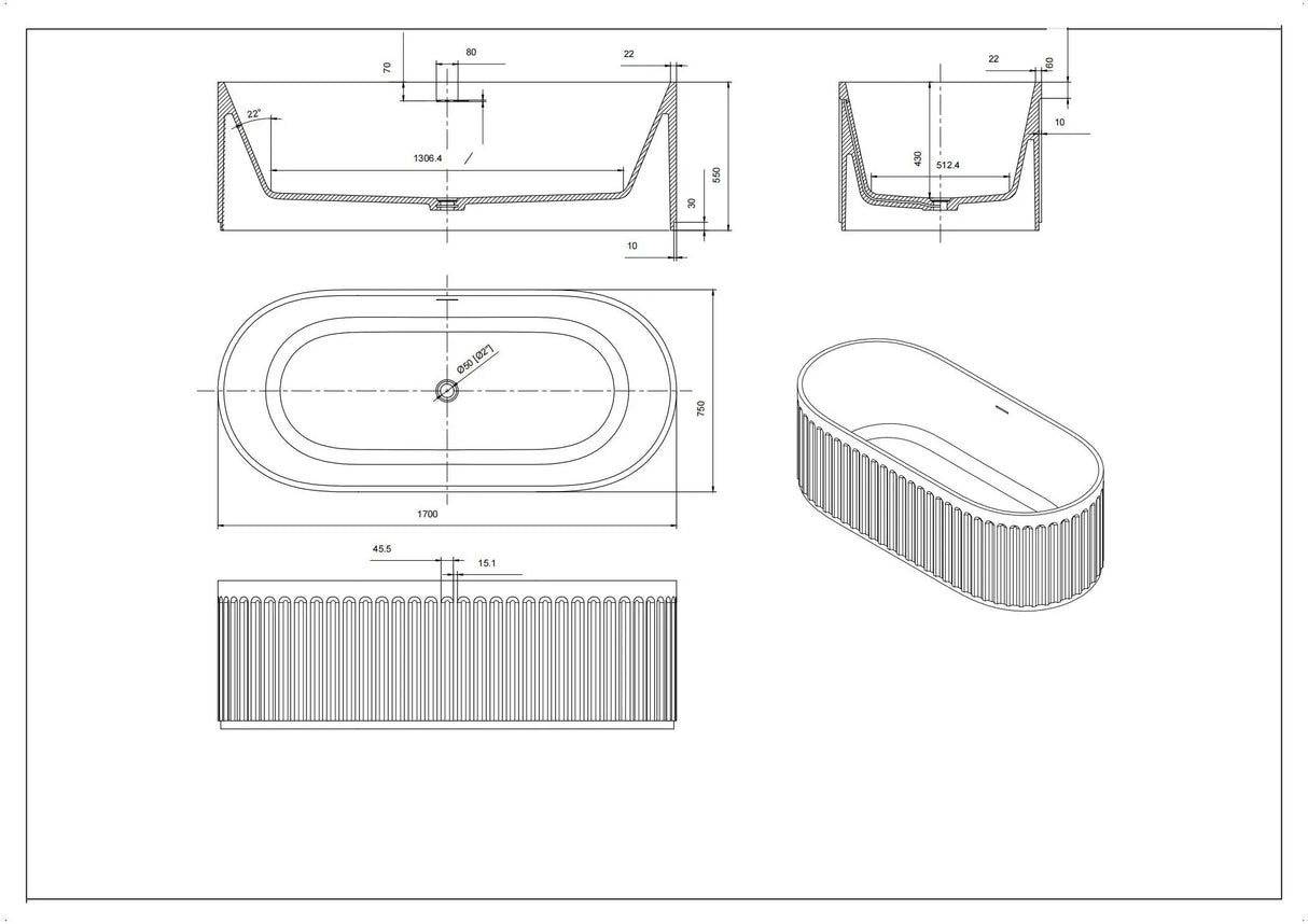 Cascade Matte White Solid Surface Stone Free Standing Bath 1700mm*750mm*550mm Poseidonbk