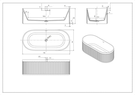 Cascade Matte White Solid Surface Stone Free Standing Bath 1700mm*750mm*550mm Poseidonbk