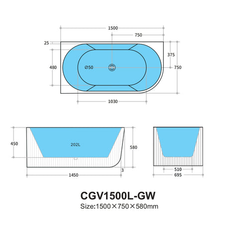 Capri Oval Fluted Freestanding Left Corner Bath 1500X750X580MM Poseidonbk