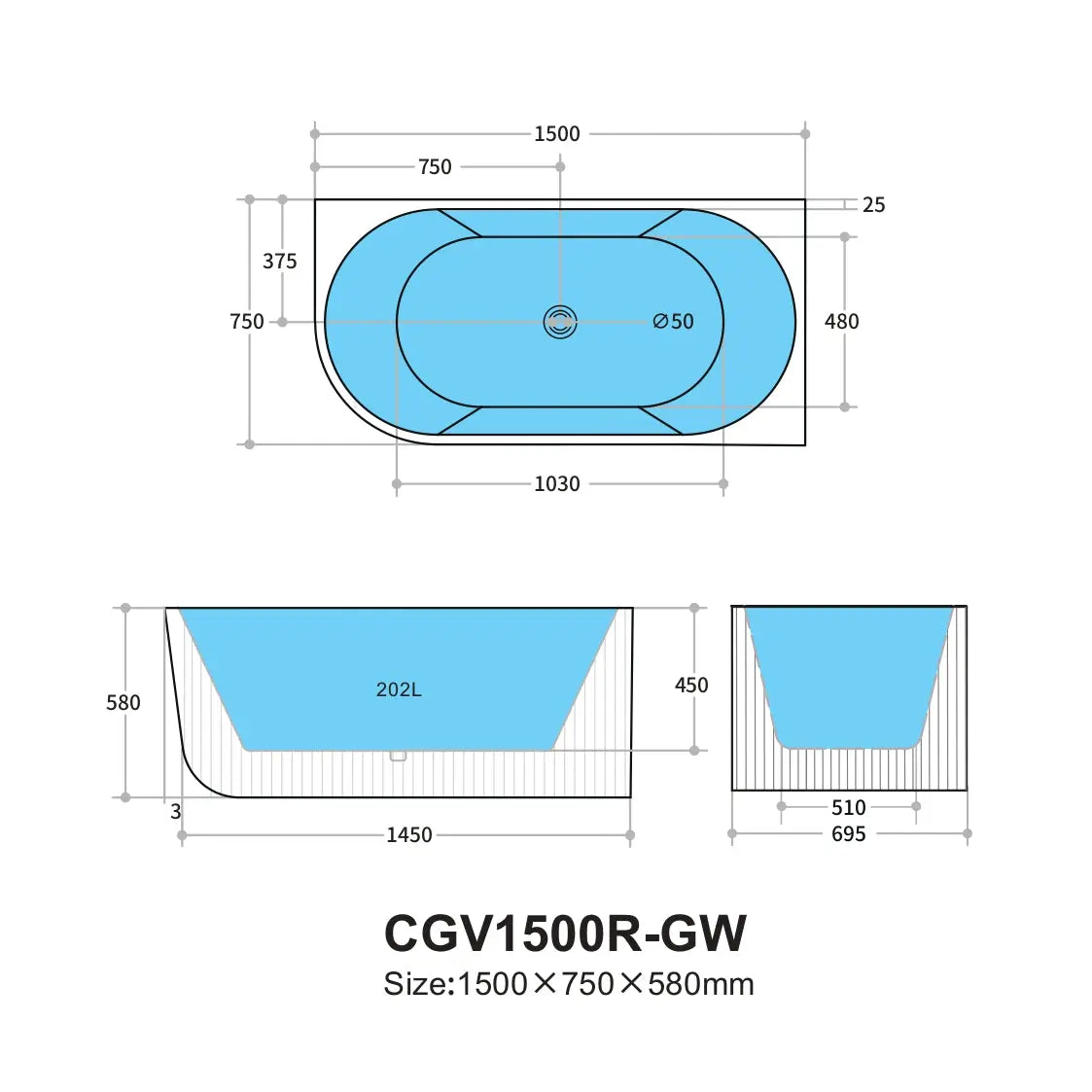 Capri Oval Fluted Freestanding Right Corner Bath 1500X750X580MM Poseidonbk