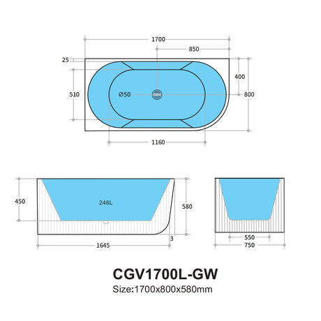 Capri Oval Fluted Freestanding Left Corner Bath 1700X800X580MM Poseidonbk