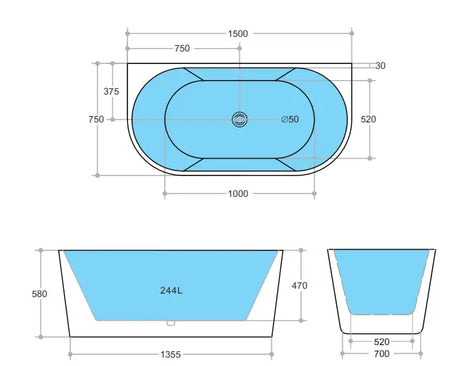 Elivia Back to Wall Matt White White 1500mm (L) x 750mm (W) x 580mm (H) Poseidonbk