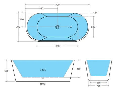 Elivia Back to Wall Matt White White 1700mm (L) x 795mm (W) x 580mm (H) Poseidonbk