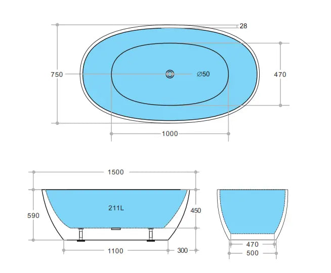 Stella Matte Black & Matte White Free Standing Bathtub 1500*750*590mm Poseidonbk