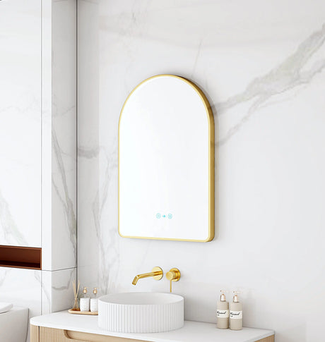 Maia 600×900mm LED Arch Mirror– Brushed Gold Frame mercioaustralia