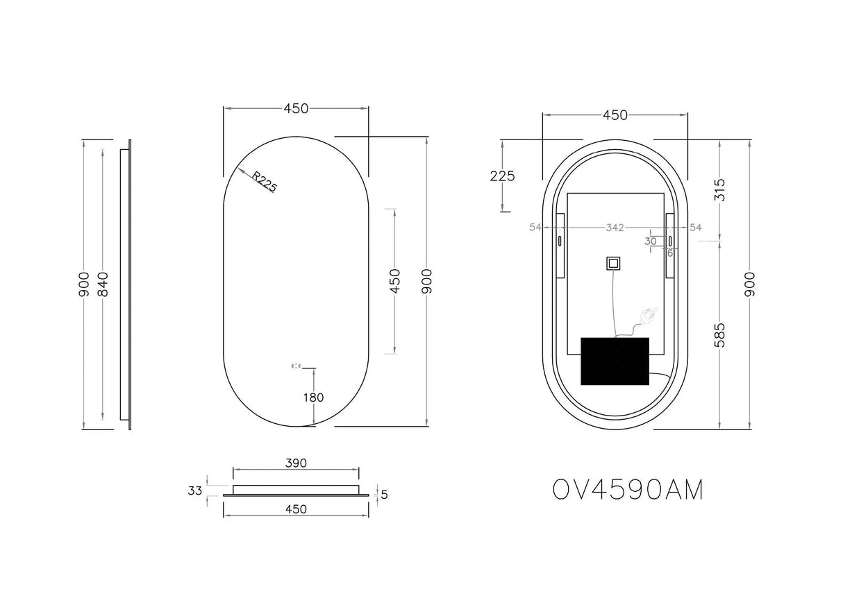 Olivia Oval Touchless 450 X 900 Frameless LED Mirror - Three Light Temperatures Poseidonbk