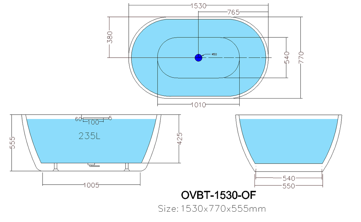 Olivia Gloss White Free Standing Bathtub 1530*770*555mm Poseidonbk