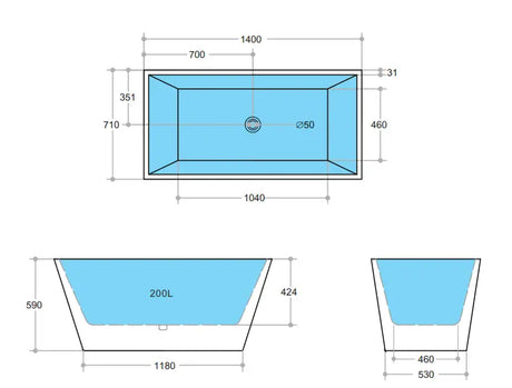 Qubist Gloss White Free Standing Bathtub 1400*710*590mm Poseidonbk