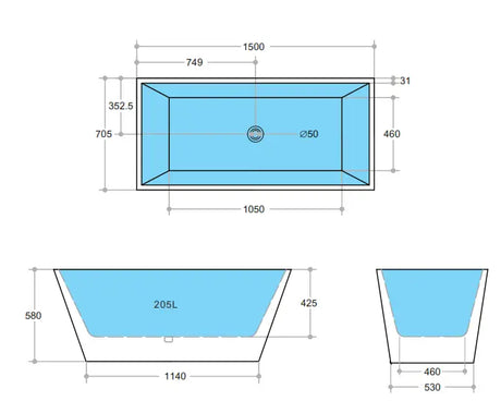 Qubist Gloss White Free Standing Bathtub 1500*705*580mm Poseidonbk
