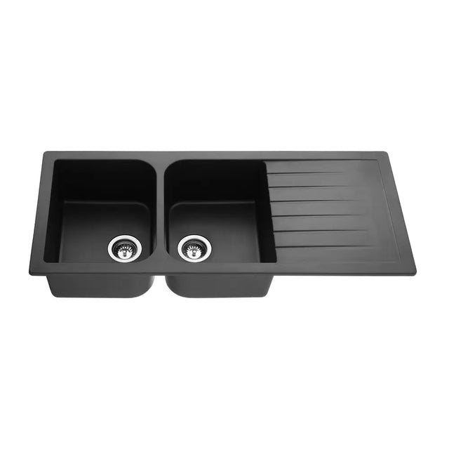 Matte Black Double Bowl With Drainer Quartz Sink 1160*500*225mm Poseidonbk