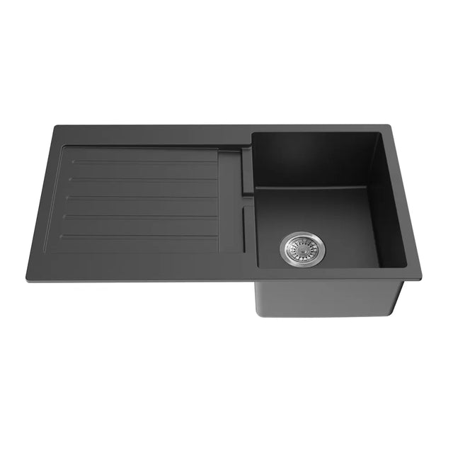 Matte Black Quartz Single Bowl Sink With Drainer 860*500*216mm Poseidonbk