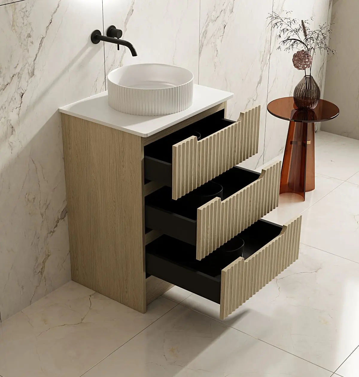Fluted Rhea 600mm Freestanding Cabinet - Natural Oak mercioaustralia