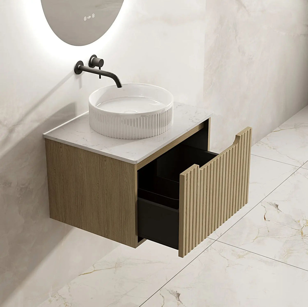 Fluted Rhea 600mm Wall-Hung Cabinet - Natural Oak mercioaustralia