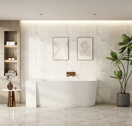 Rose V-Groove Corner Bathtub - Matt White mercioaustralia