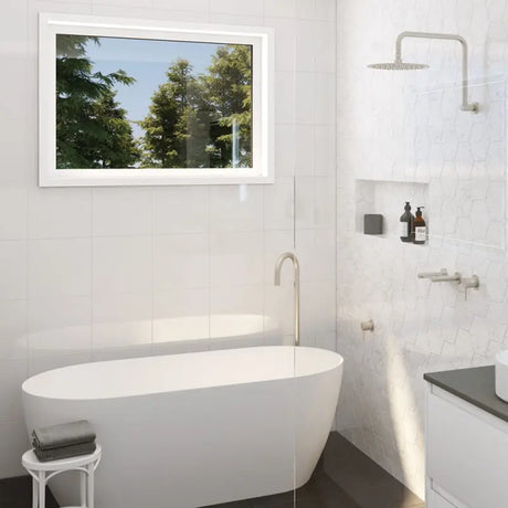 Kaya Gooseneck Floor Mounted Bath Outlet, Brushed Nickel fienza