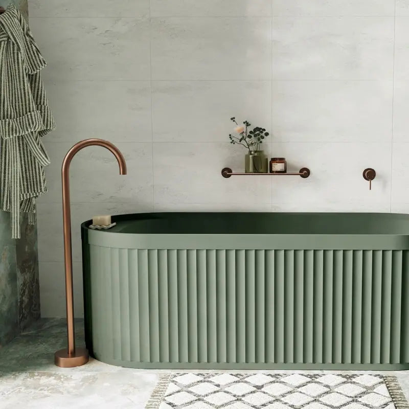 Kaya Gooseneck Floor Mounted Bath Outlet, Brushed Copper fienza