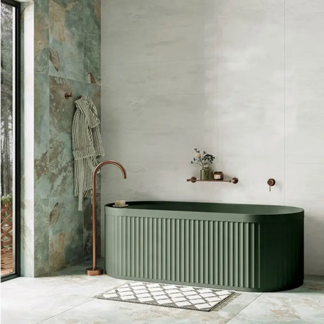 Kaya Gooseneck Floor Mounted Bath Outlet, Brushed Copper fienza