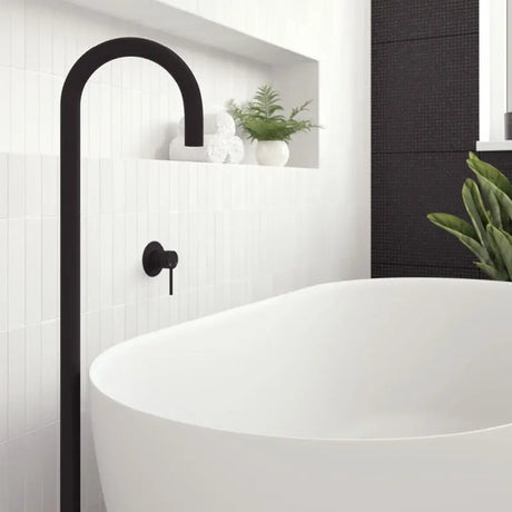 Kaya Gooseneck Floor Mounted Bath Outlet, Matte Black fienza