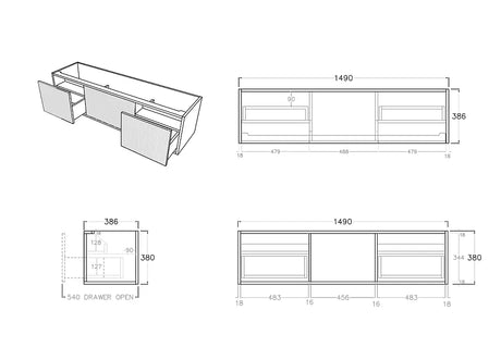Bellevue Slim PVC Wall Hung Vanity 1500mm (Single/Double Bowl) (Coastal Oak) Poseidon
