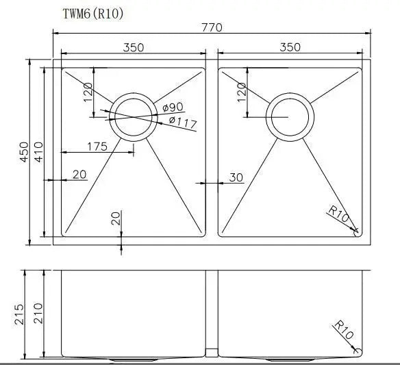 Handmade Stainless Steel Copper PVD Double Bowl Kitchen Sink 1.2mm (Top/Flush/Undermount) 770*450*215mm Aquaperla