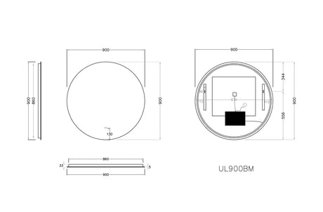 Luna Round Touchless 900 X 900 Frameless LED Mirror - Three Light Temperatures Poseidonbk