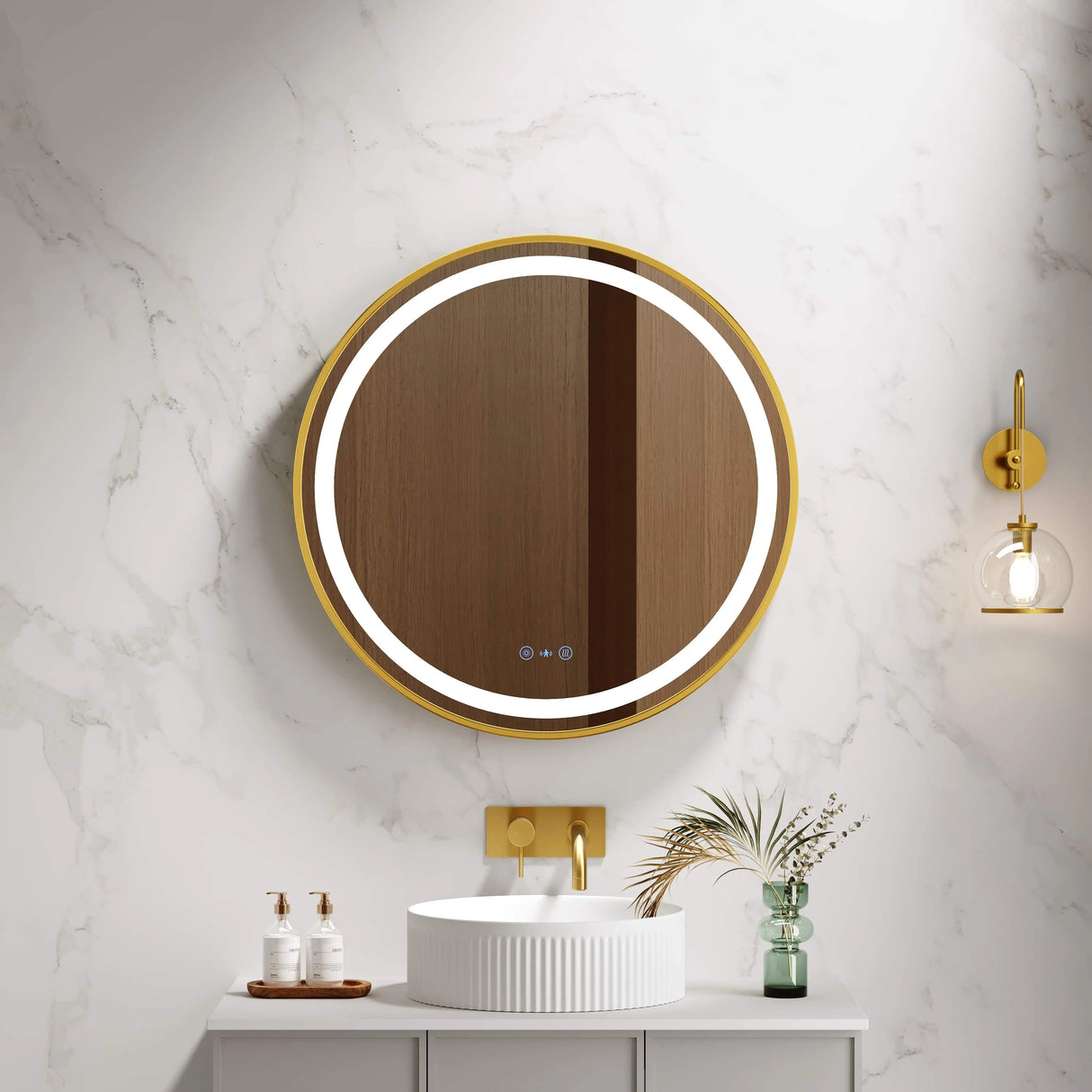 Venus 600/750/900mm LED Round Mirror – Brushed Gold Frame mercioaustralia