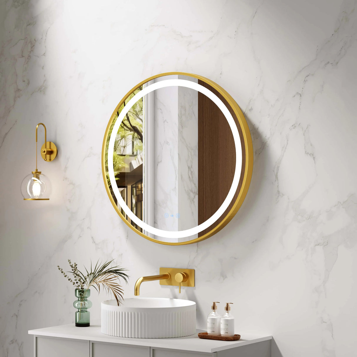 Venus 600/750/900mm LED Round Mirror – Brushed Gold Frame mercioaustralia