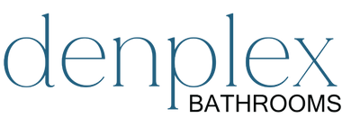The logo for 'denplex BATHROOMS' is shown on a plain white background, with 'denplex' in a blue serif font and 'BATHROOMS' in black sans-serif font.