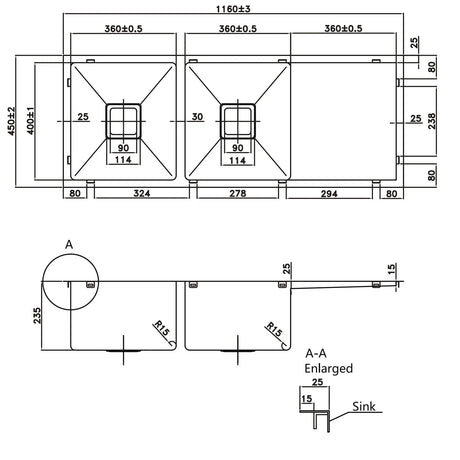 Stainless Steel Double Bowl Sink With Drainer 1160*450*235mm Poseidonbk
